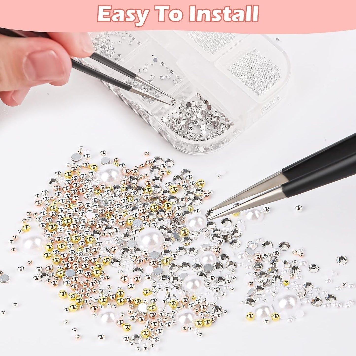 2 Boxen Nail Art Strasssteine, Pinzeta Nägel Flatback Perlen Nail Charms Mit Křišťálové Nagelzubehör Diamanten Edelstahl-Perlen Für Nagelschmuck