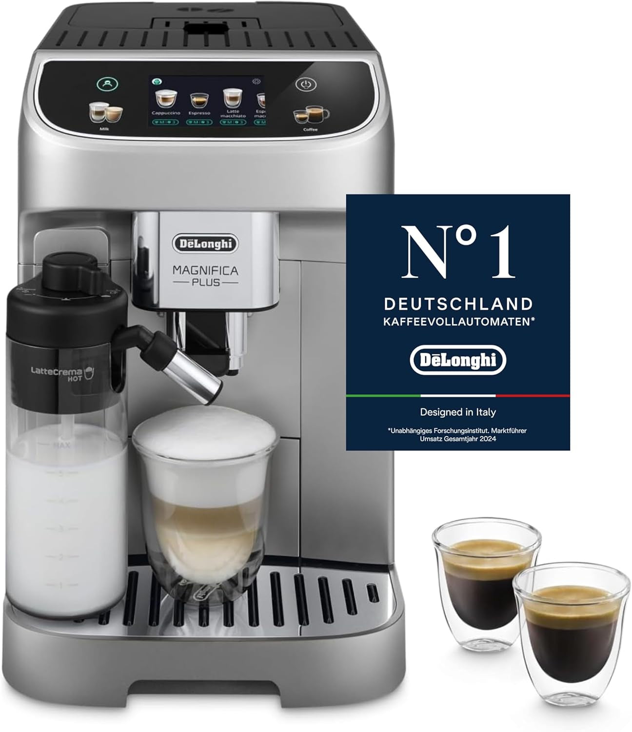 De'Longhi Magnifica Evo Next – plně automatický espressor Perfetto s napěňovačem mléka LatteCrema, 13 nápojů jedním dotykem, kávovar a cappuccino, barevný dotykový displej, titan (ECAM312.80.TB)