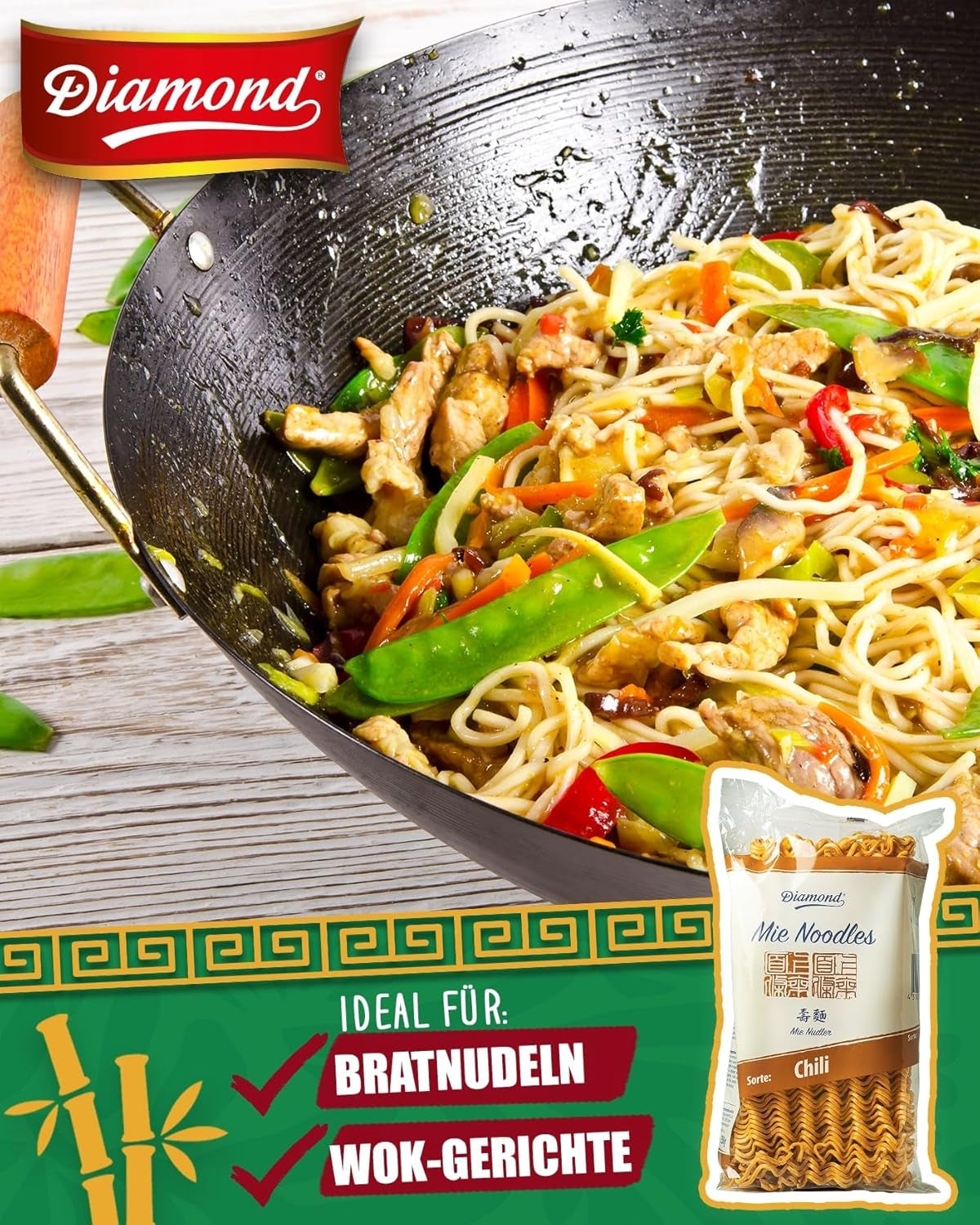 DIAMANTOVÉ Mie Chili nudle, pšeničné nudle s chilli práškem, bez vajec, rychlé a snadné, vegetariánské - 1 x 250 g