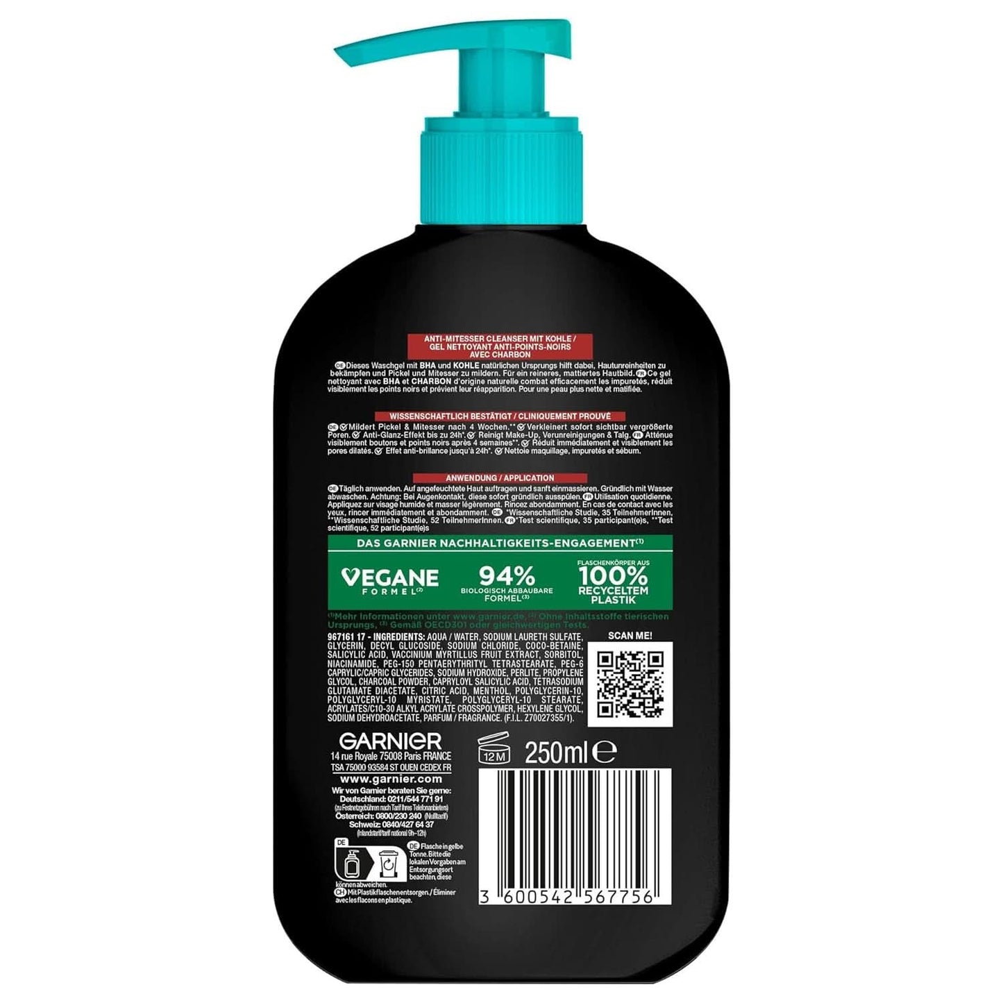 Garnier Charcoal Cleanser Čisticí gel na obličej proti černým tečkám a pupínkům 250 ml Sprcha & Bath Naty Shop