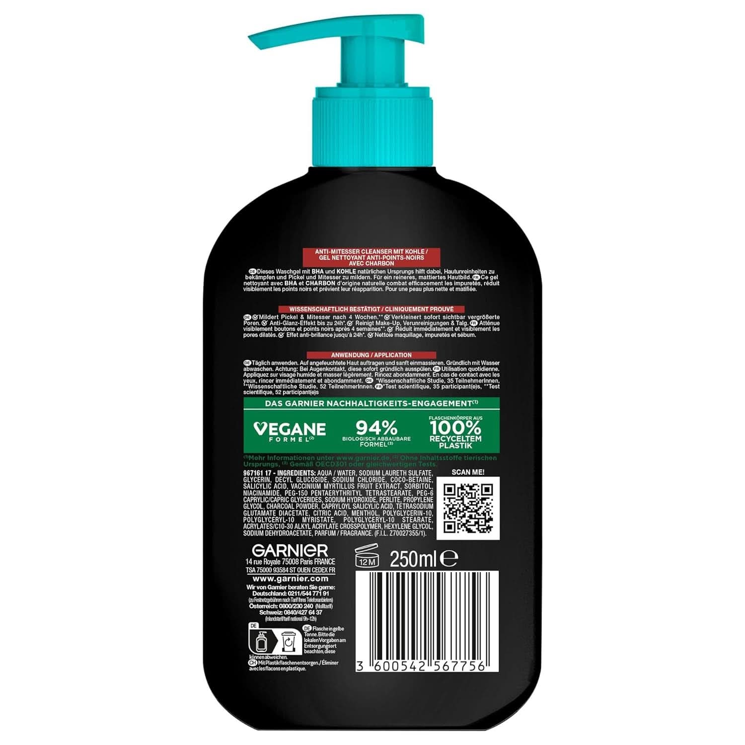 Garnier Charcoal Cleanser Čisticí gel na obličej proti černým tečkám a pupínkům 250 ml Sprcha & Bath Naty Shop