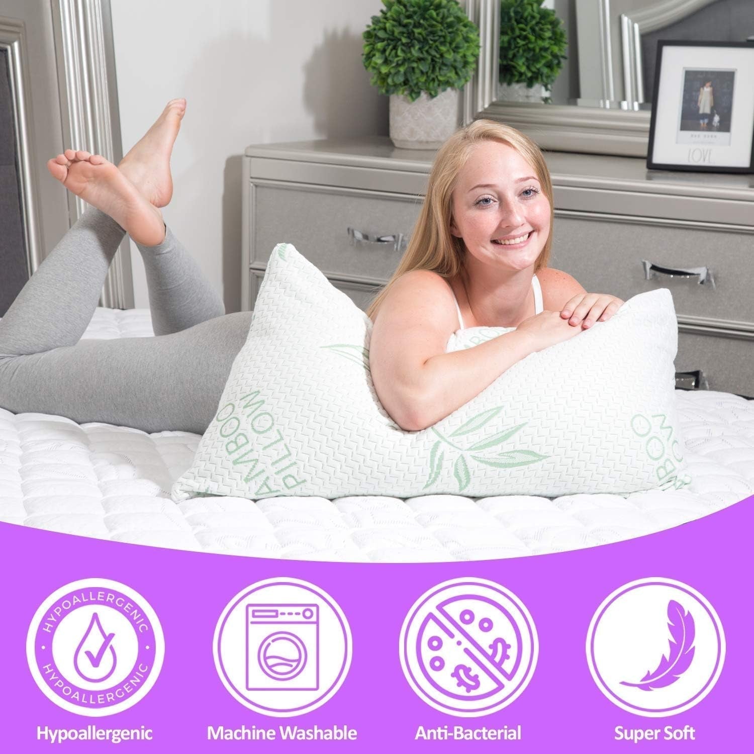 King Size 2 Pack Bambusový polštář – strouhaná paměťová pěna Nastavitelný polštář na spaní – záda, bříško, boční spánek, snímatelný potah, alternativa chlazení Hotel Down, King (2 balení) Standardní polštáře Naty Shop