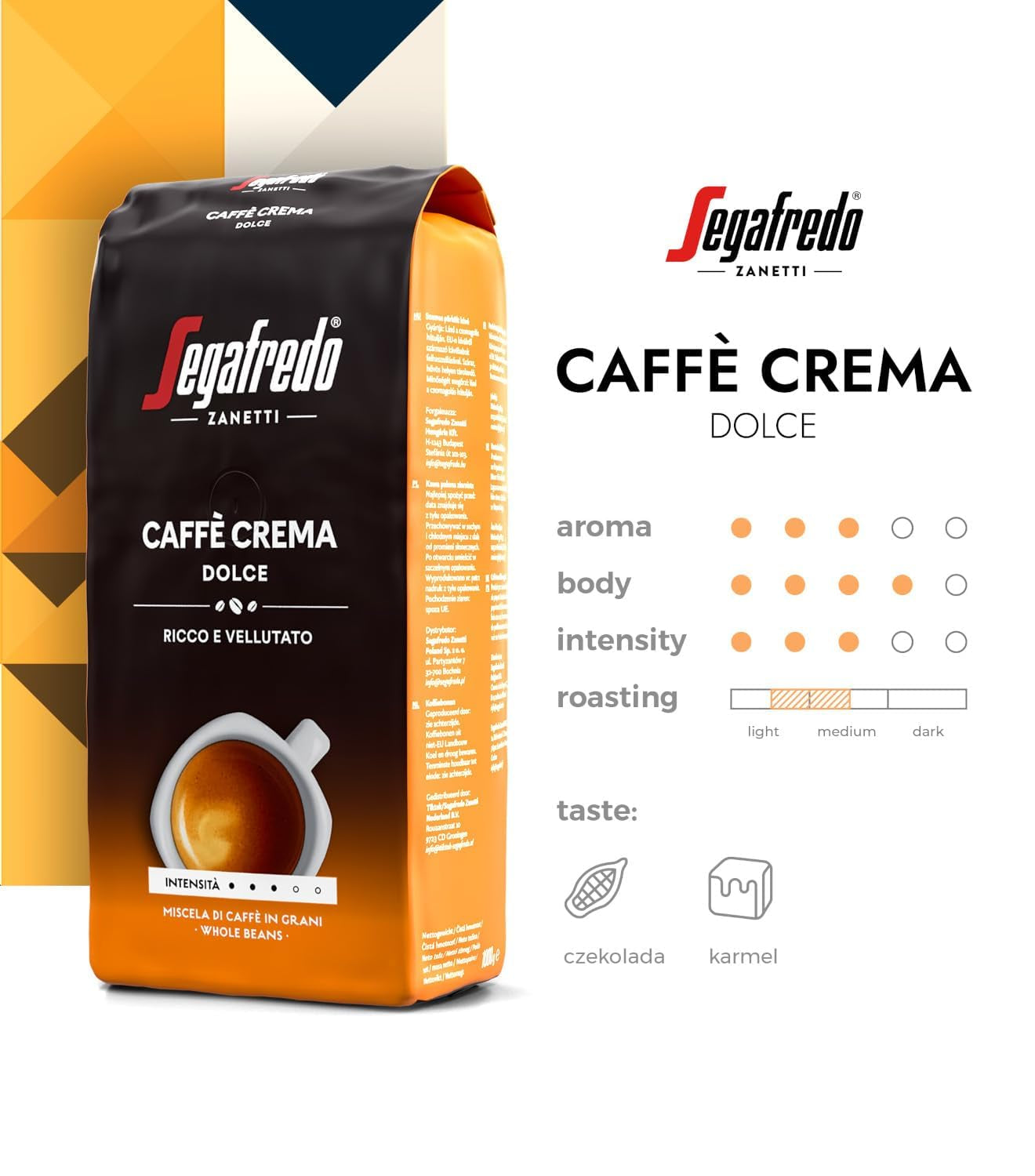 Segafredo Zanetti Caffè Crema Dolce - Celá zrna (1 kg balení) - Vhodné pro Caffè Crema - Lehce až středně pražená kávová zrna s jemnou a vyváženou chutí (2 balení)