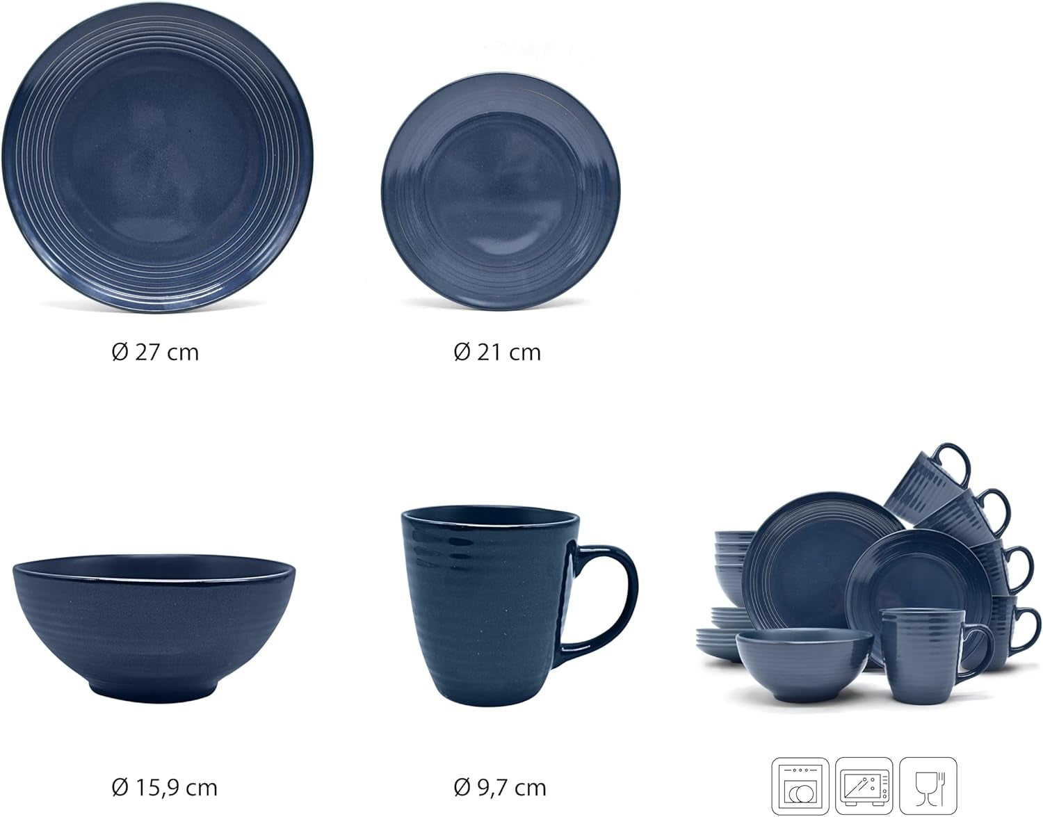 ECHTWERK "Alicia" 16dílná sada vintage kombinovaného nádobí Moderní design pro 4 osoby Elegantní tmavě modrá sada nádobí z kameniny se 4 talíři 4 postranními talíři 4 misky 4 šálky na čaj