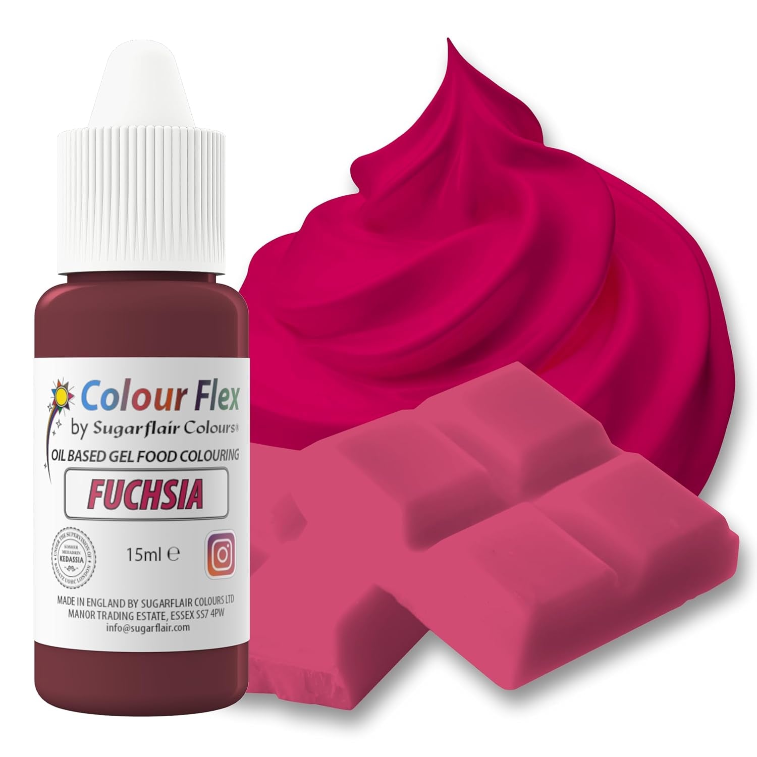 Sugarflair Colourflex Fuchsiové potravinářské barvivo na olejové bázi, vysoce koncentrované tekuté potravinářské barvivo, potravinářské barvivo pro máslový krém, čokoládu, těsto, fondán, polevu a další - 15 ml