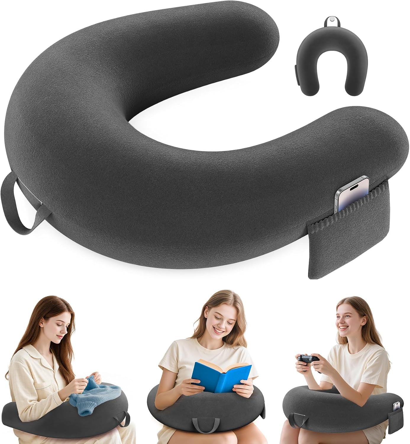 Polštář na hraní a čtení, Polštář na čtení na postel/gauč/na podlahu, Polštář na krmení/háčkovaný polštář s velkým ergonomickým herním polštářem, Polštář pro hráče pro iPad/Laptop – černý
