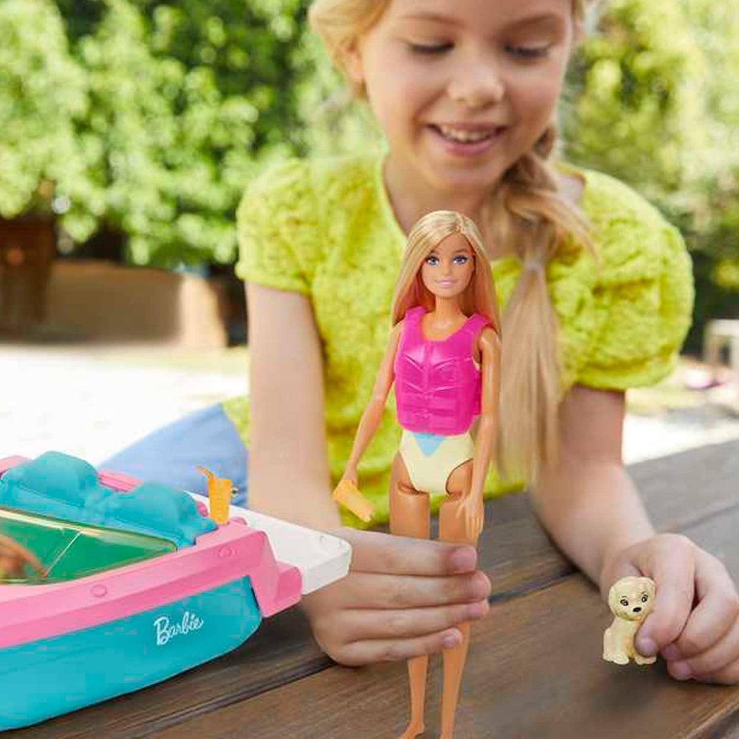 Sada motorového člunu Barbie, panenka Barbie s blond vlasy, růžová záchranná vesta, člun, štěně, doplňky, dárky pro 3+, panenky Grg30 Naty Shop