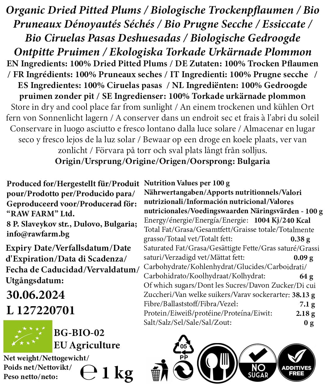1 kg bio sušených švestek s měkkou peckou, bez přísad a konzervantů, vše přírodní Dehydrované produkty Naty Shop