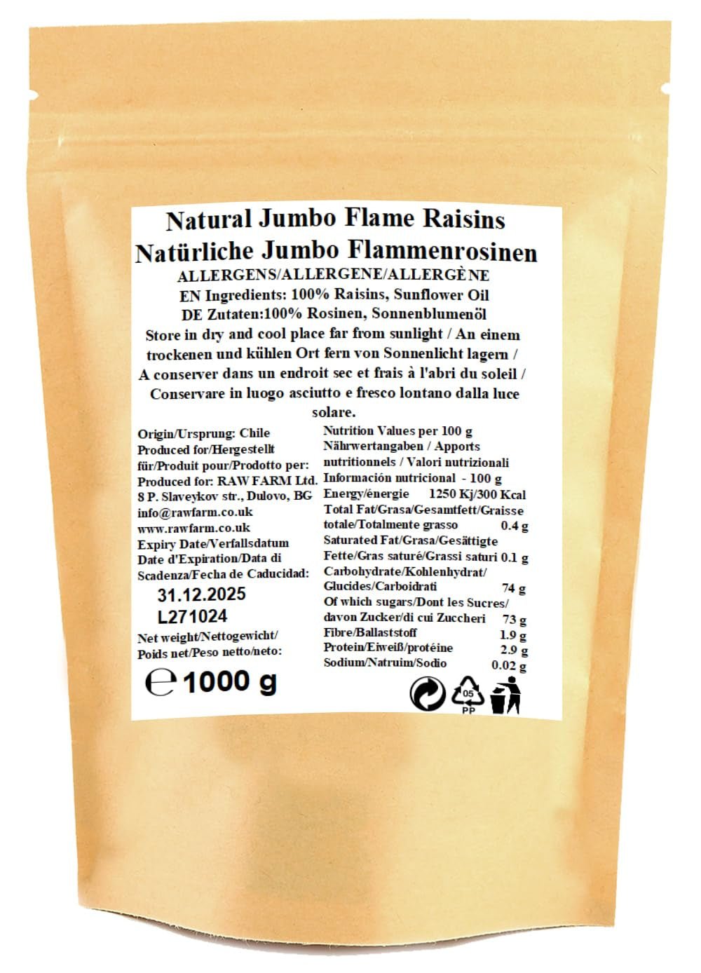 1 kg syrových sultánek Jumbo Flame, celé ovoce, bez lepku, bez sóji, bez přidaného cukru, bez konzervantů, bez sladidel, se slunečnicovým olejem Dehydrované produkty Naty Shop