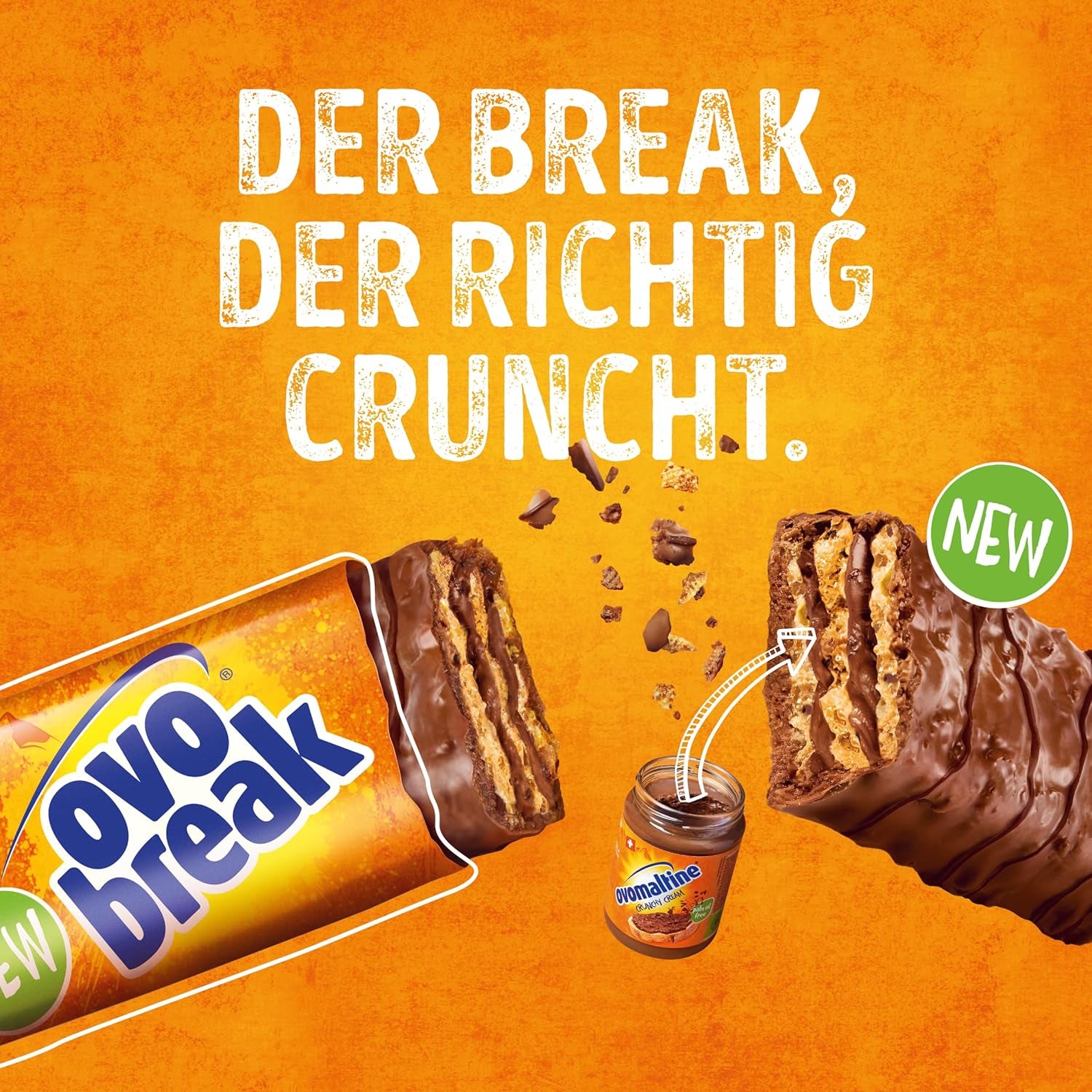 Ovomaltine OVO BREAK Oplatka a čokoládová tyčinka - křupavá svačina s nezaměnitelnou chutí našeho oblíbeného Creme Crocante, přirozeně bez palmového oleje (4 x 39 g)