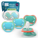 Dudlíky Philips AVENT ultra air - balení 4ks prodyšných dudlíků bez BPA pro miminka 6-18 měsíců, včetně pouzdra na přenášení a sterilizace, vzor želva/velryba (model SCF085/66)
