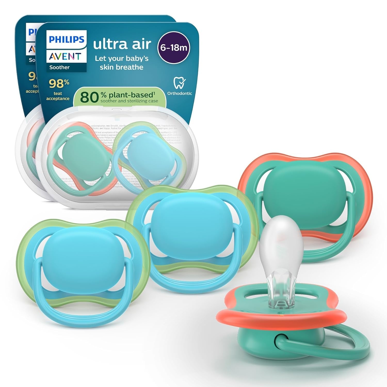 Dudlíky Philips AVENT ultra air - balení 4ks prodyšných dudlíků bez BPA pro miminka 6-18 měsíců, včetně pouzdra na přenášení a sterilizace, vzor želva/velryba (model SCF085/66)