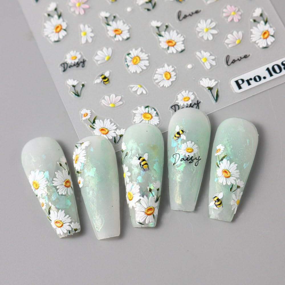 5ks Geprägte Gänseblümchen Nagelsticker Selbstklebend Blumen Nagelaufkleber Gänseblümchen Schmetterling Nagel Sticker Nageldesign Aufkleber Nägel Zubehör Blume Nail Sticker Flower Nail Art Stickers