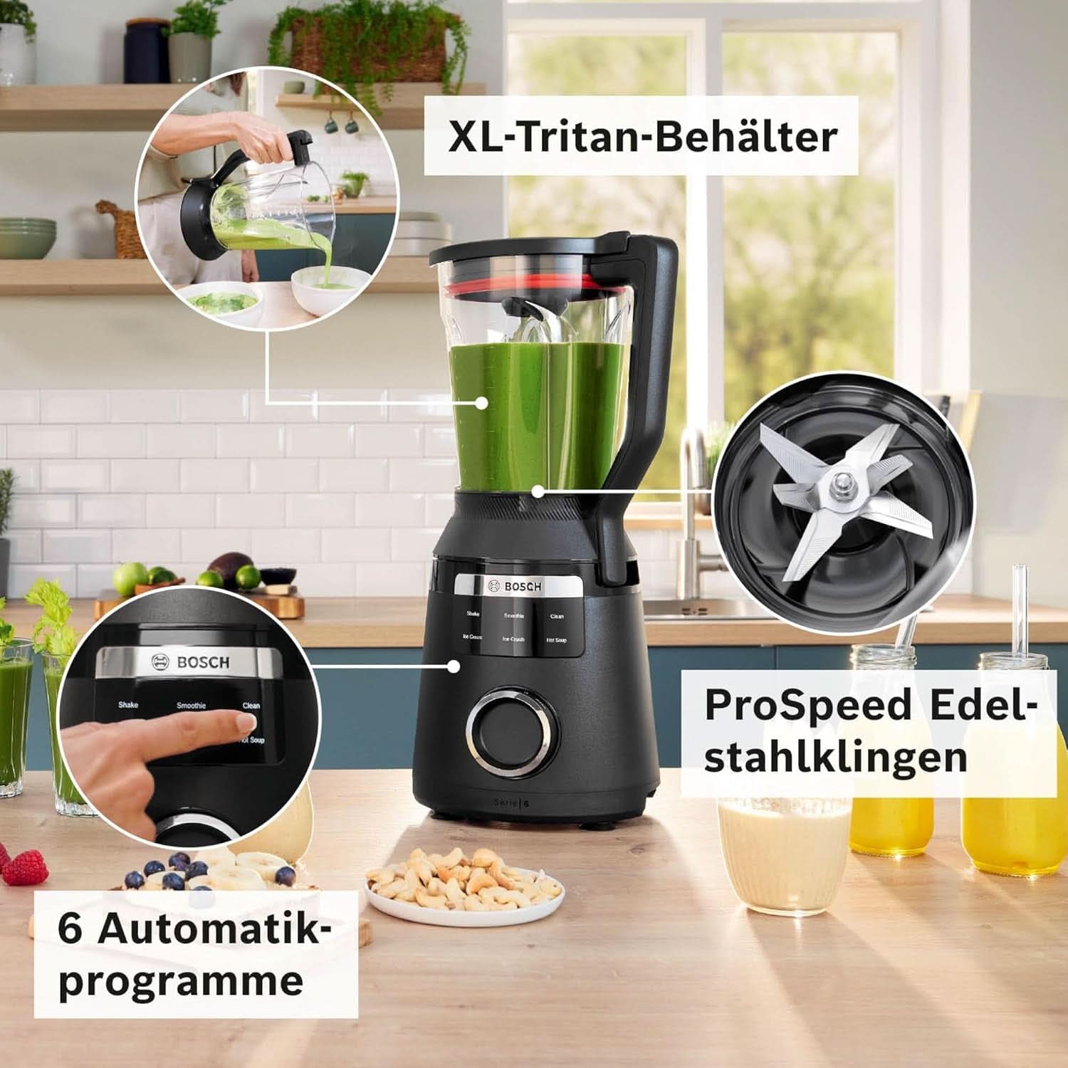 Vysokorychlostní stojanový mixér Vitapower Serie 6 MMBD665B1, 45 000 U/min, 6 programů Inkl Heiße Suppe & Reinigung, 2 L Mixbehälter, Stopfer, Spülmaschinenfeste Teile, Made in Europe, 1800 W, Schwarz Kitchen Naty Shop