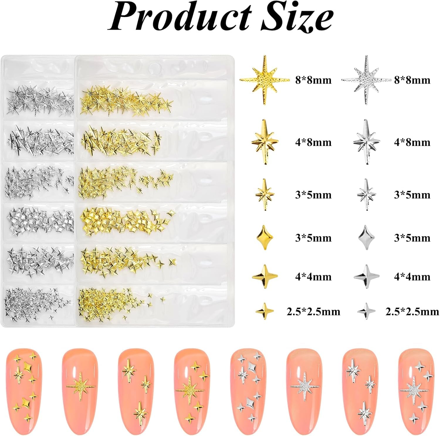 400 Stück Zlatá Stříbrná Stern Charms Nägel, 3D Metall Star Nagelkunst Dekorations, Star Nail Design Gemischt Größe Form Nägel Zubehör