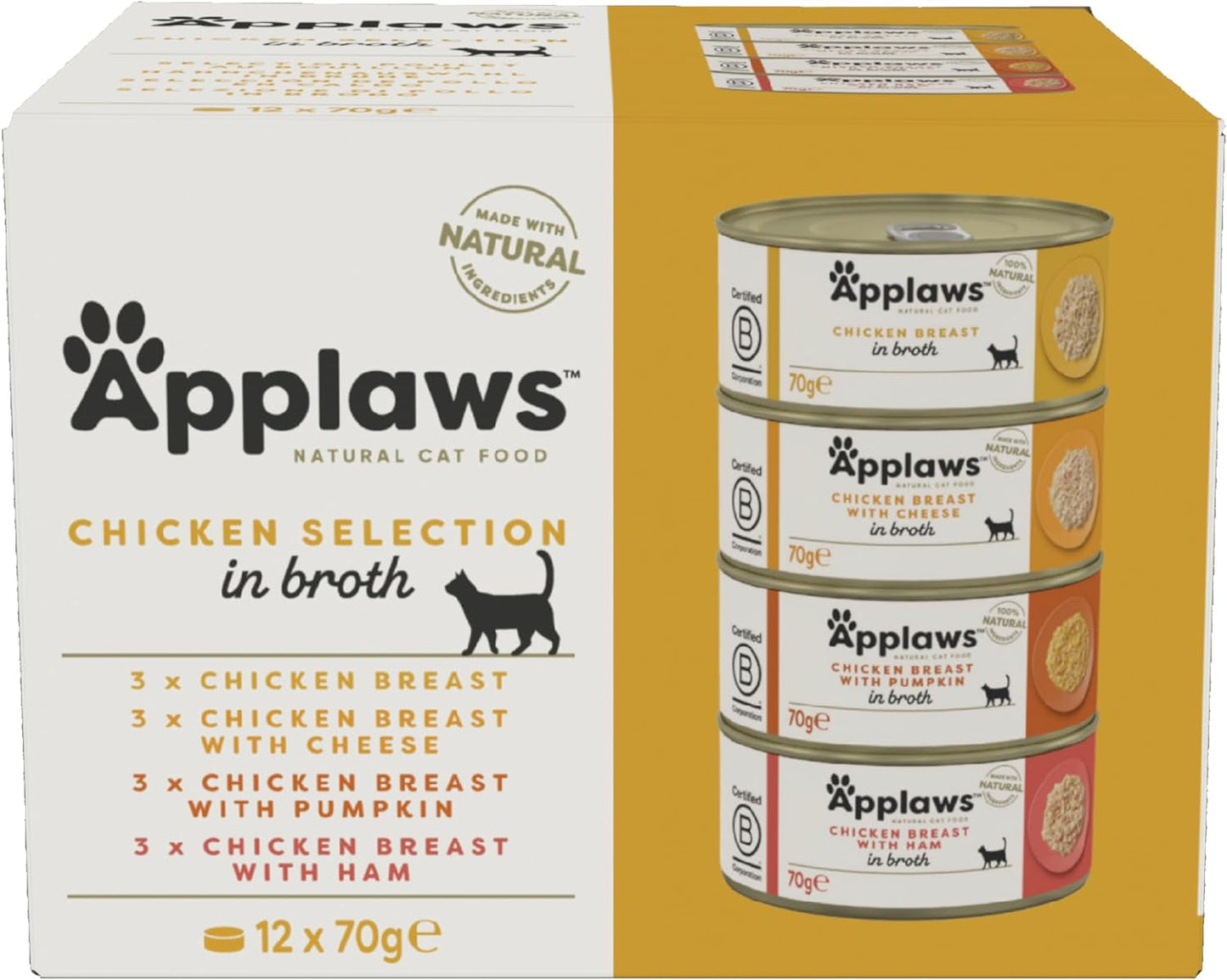 Applaws 100% přírodní prémiové vlhké krmivo pro kočky Výběr kuřecího vývaru pro dospělé kočky – 4 balení (12 x 70 g)