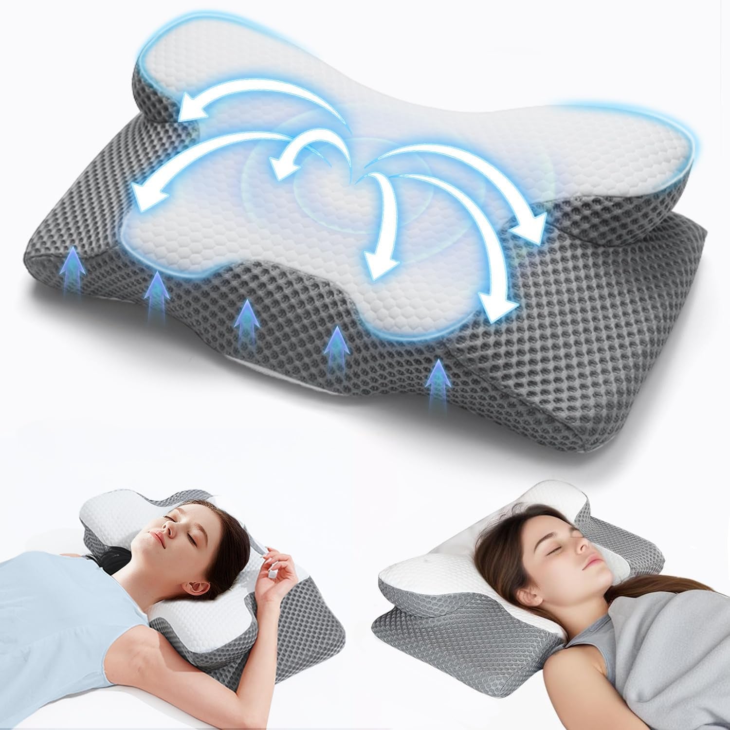 Polštář na krk 2 v 1, polštář z paměťové pěny, ergonomický ortopedický polštář, 2 výšky na spaní, polštář na podporu krku na stranu / záda / břicho Krční ortopedické polštáře Naty Shop Grey