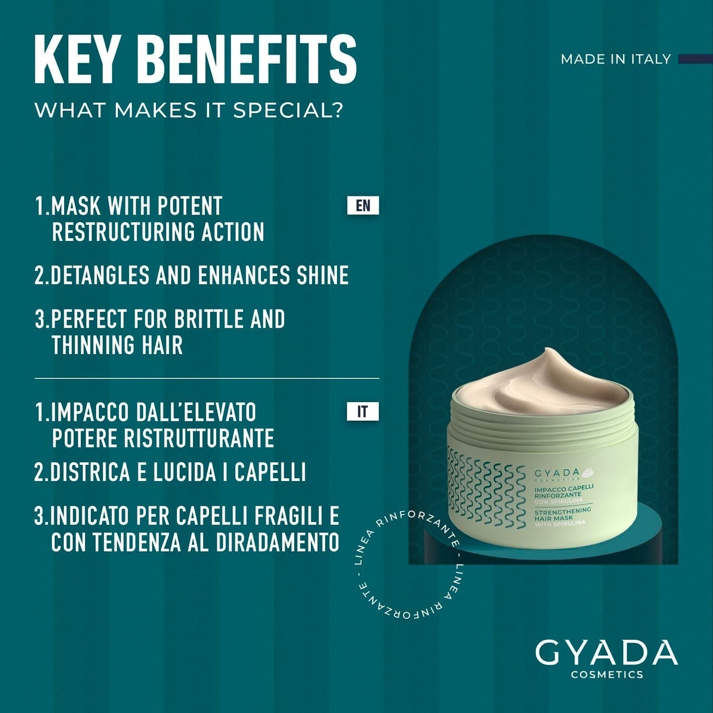 GYADA COSMETICS Spirulina Balíček pro posílení vlasů Vyživující proti vypadávání vlasů Dual Tips Works 250 ml + hřeben z bukového dřeva Ideální pro rozčesávání všech typů vlasů Maska na vlasy Naty Shop