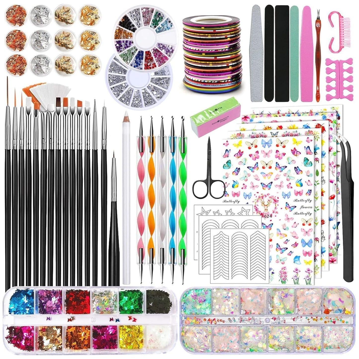 Nail Art Pinsel Und Dekorationen Set,Nail Art Dekoration Zubehör Set,15 ks Pinsel,5 Blätter Nagelsticker,5 ks tečkované pero,Strasssteine ​​​​Nägel,Ultra Dünn Nagel Paillettes Für Nagelkunst Maniküre