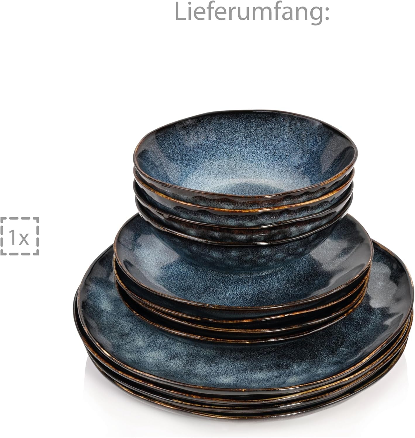 SANGER | Tokyo Dinnerware Set 12dílná sada kameninového nádobí pro 4 včetně talířů, dezertních talířů a misek, tmavě modrá s černými akcenty | PRÉMIOVÁ KOLEKCE