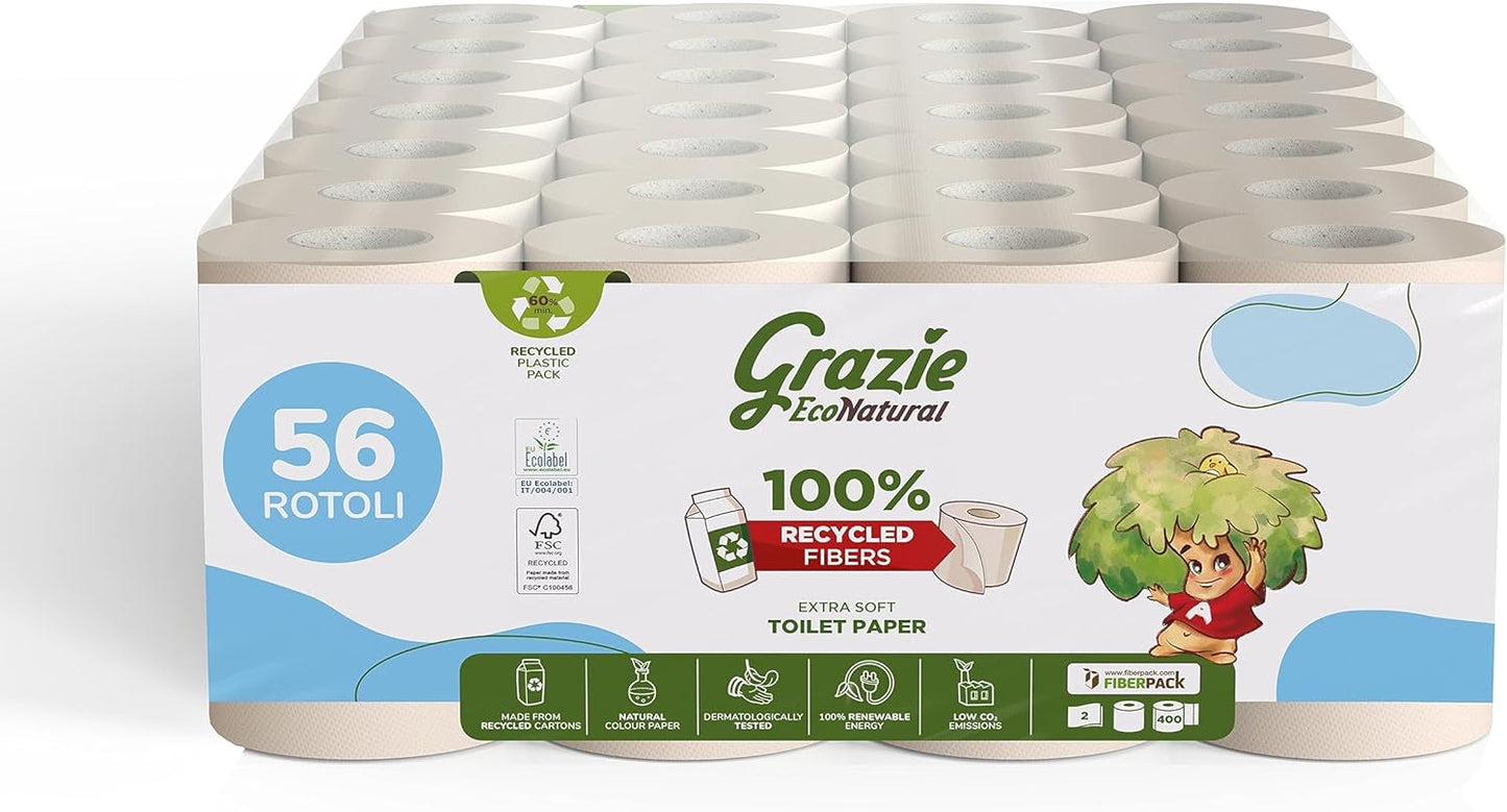 Přírodní toaletní papír Grazie, Econatural, 56 rolí, recyklovaný toaletní papír Fibrepack, 100% ekologický, šetrný k životnímu prostředí, certifikovaný ekoznačkou a recyklovaný FSC, vyrobeno v Itálii