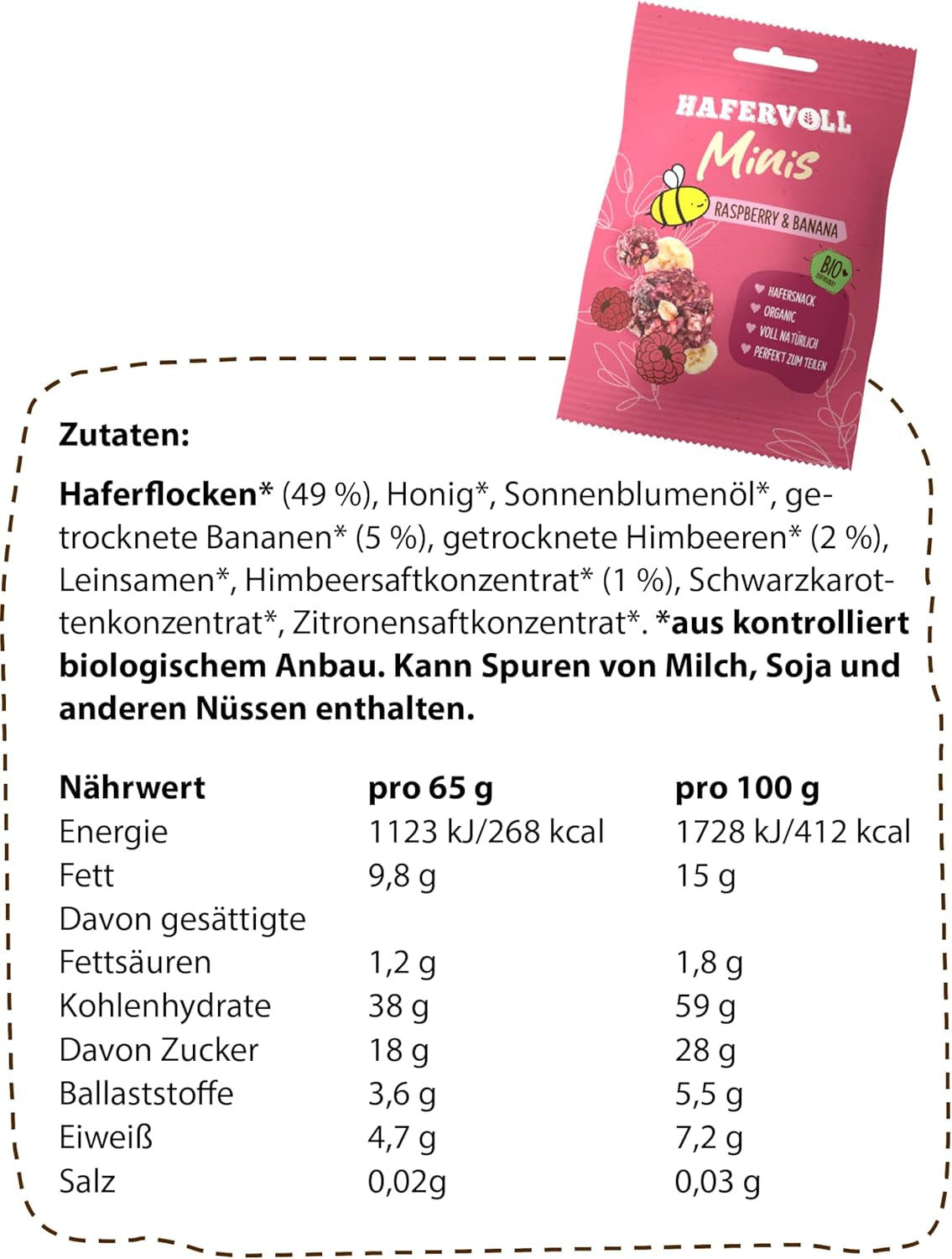 HAFERVOLL Minis řepka a banán 8x 65g – certifikované bio, s medem, bez přidaného cukru, ideální pro sdílení