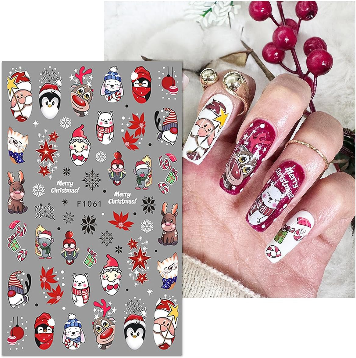 JMEOWIO Nagelsticker Weihnachten 10 Blatt Nail Art Sticker Selbtklebend Nagelaufkleber Schneeflocke Winter Urlaub Süß Dekoration Nageldesign Zubehör