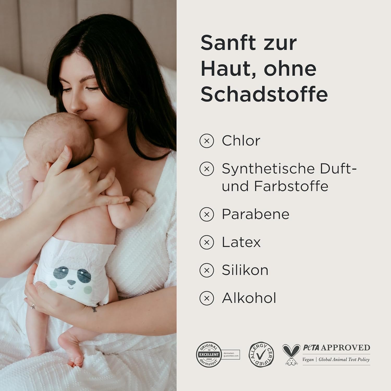 Plenky Kit & Kin Premium, velikost 4 (9–14 kg), počet 128, rostlinné a hypoalergenní, spolehlivá ochrana proti úniku, veganské a bez krutosti