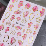Zlatá Linie Schieber Rosa Samolepka na nehty Blumen 3D Květina Samolepka na nehty Sakura Blütenblätter Blumen Nagelaufkleber Frühling Summer Floral Nagel Sticker Květiny Samolepky na nehty Nageldesign Zubehör Nail Art