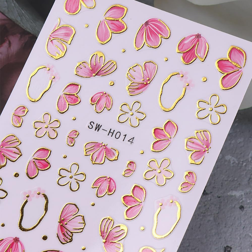 Zlatá Linie Schieber Rosa Samolepka na nehty Blumen 3D Květina Samolepka na nehty Sakura Blütenblätter Blumen Nagelaufkleber Frühling Summer Floral Nagel Sticker Květiny Samolepky na nehty Nageldesign Zubehör Nail Art