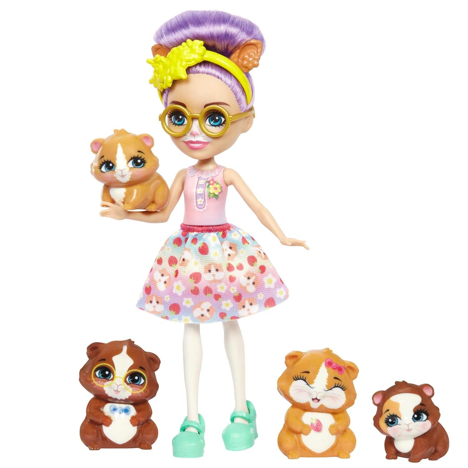 ENCHANTIMALS Rodina morčat City-Tails Glee – panenka morčat se 4 rozkošnými figurkami morčat, pro děti od 4 let, HHB84