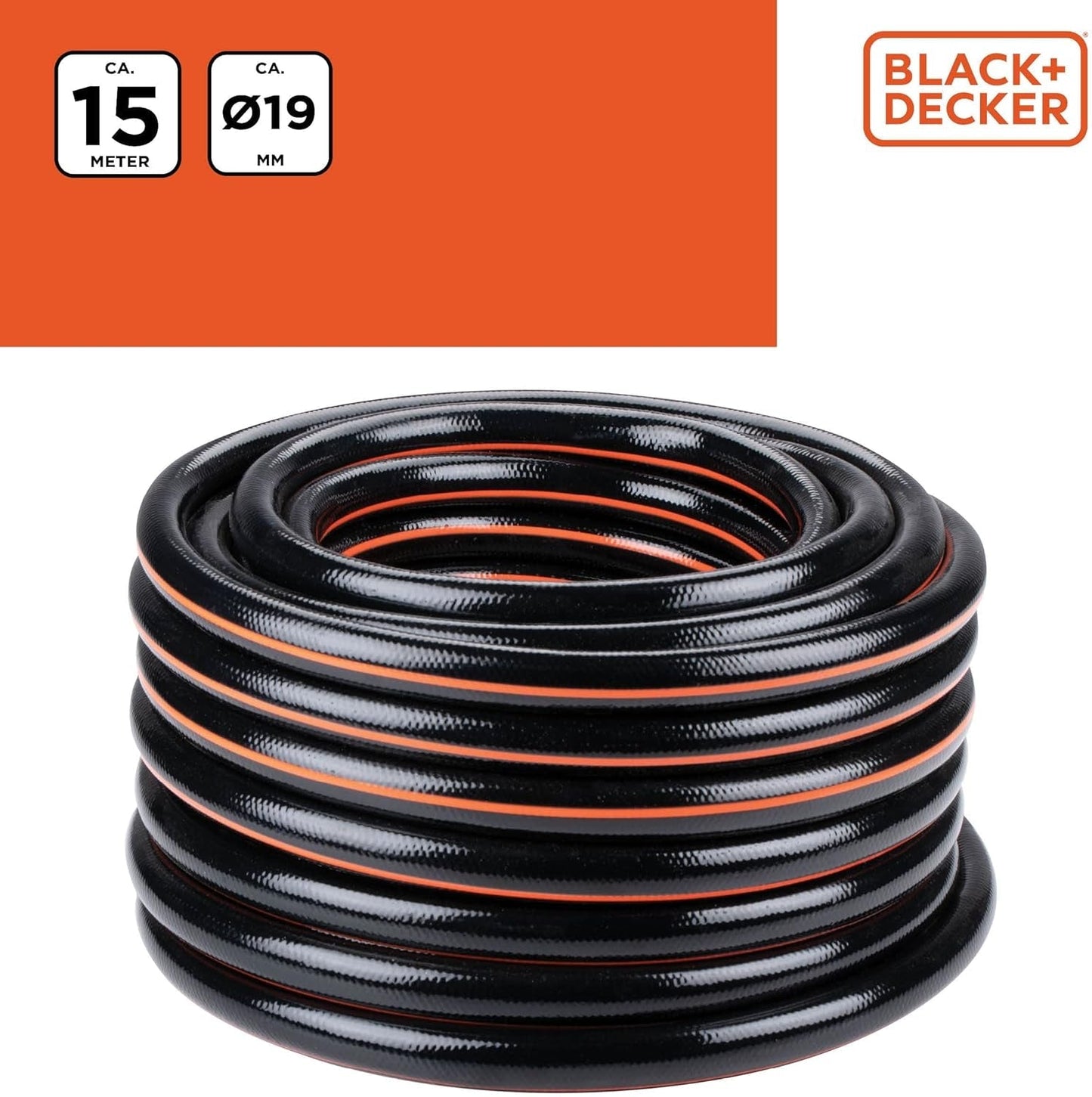 Zahradní hadice BLACK+DECKER 15 metrů - Ø19MM - Odolné PVC - Zalévání zahrady, mytí auta, napouštění bazénu - Kompatibilní s jakoukoli standardní baterií - Černá/Oranžová