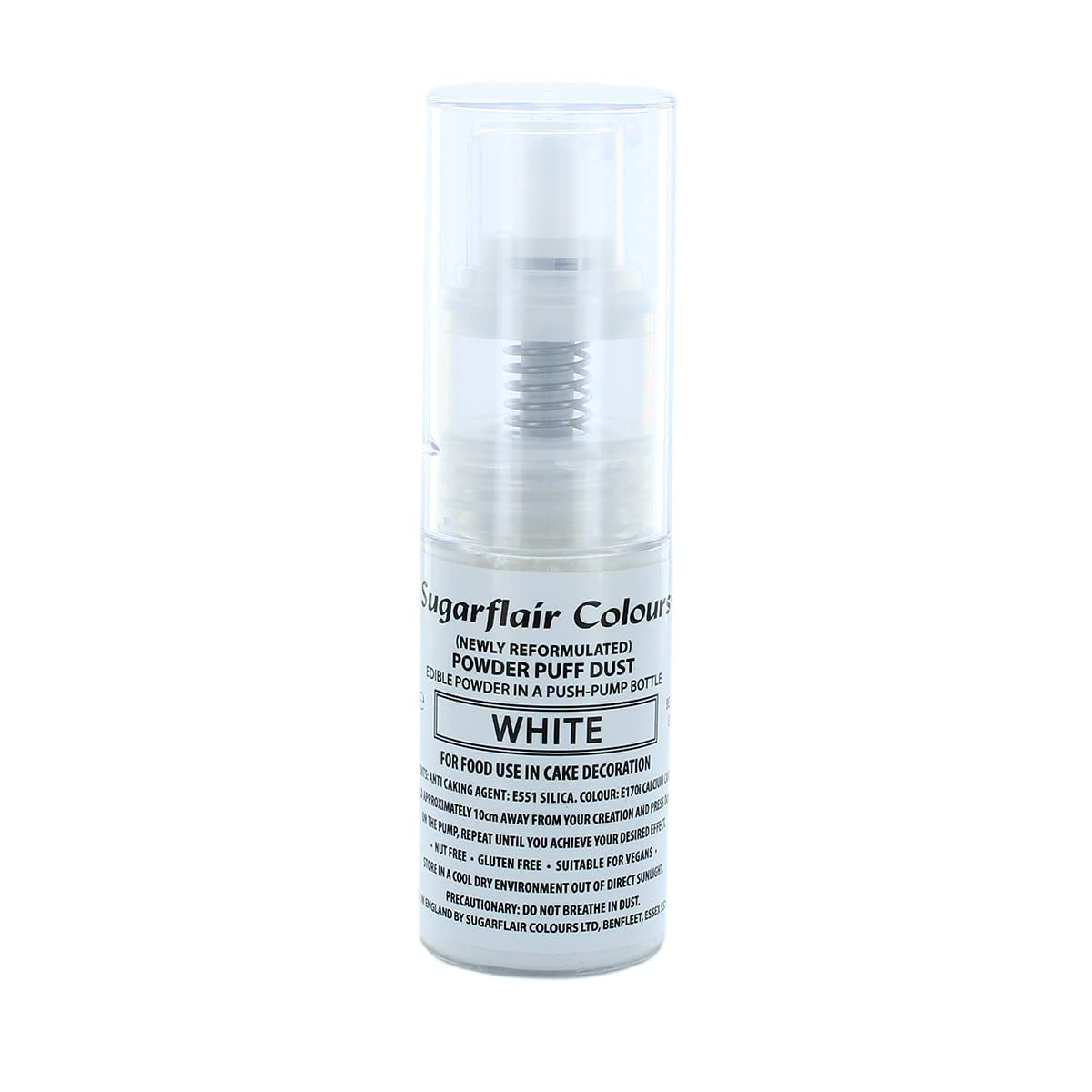 Sugarflair White Pump Powder Spray - Potravinářské barvivo na zdobení dortů, sprej bez aerosolu na dorty, muffiny a další - 10 g