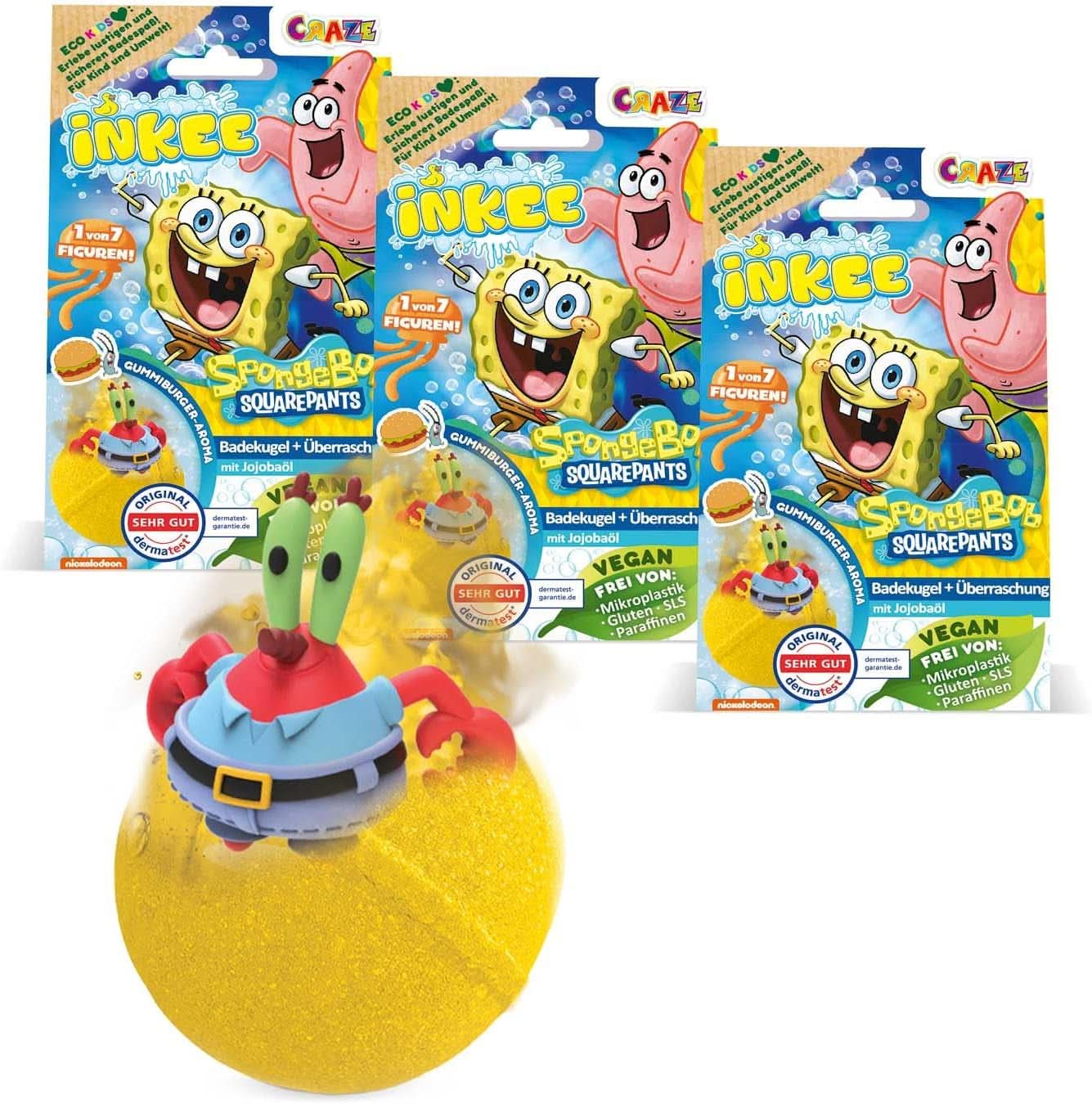 INKEE Spongebob Surprise Kids Bomba do koupele SpongeBob SquarePants Sběratelská sada 80 gramů Naty Shop Sada 3 bomb do koupele Spongebob Surprise