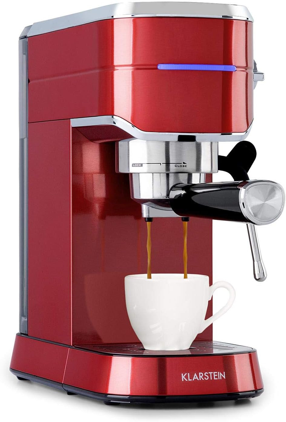 Espresso kávovar Klarstein Futura, Přenosný kávovar na espresso s filtrem, 1450 W, 20 bar, kvalita Barista, dvojitá tryska, zastavení průtoku, přenosný kávovar na espresso s filtrem, funkce napěňovače mléka, stříbrná