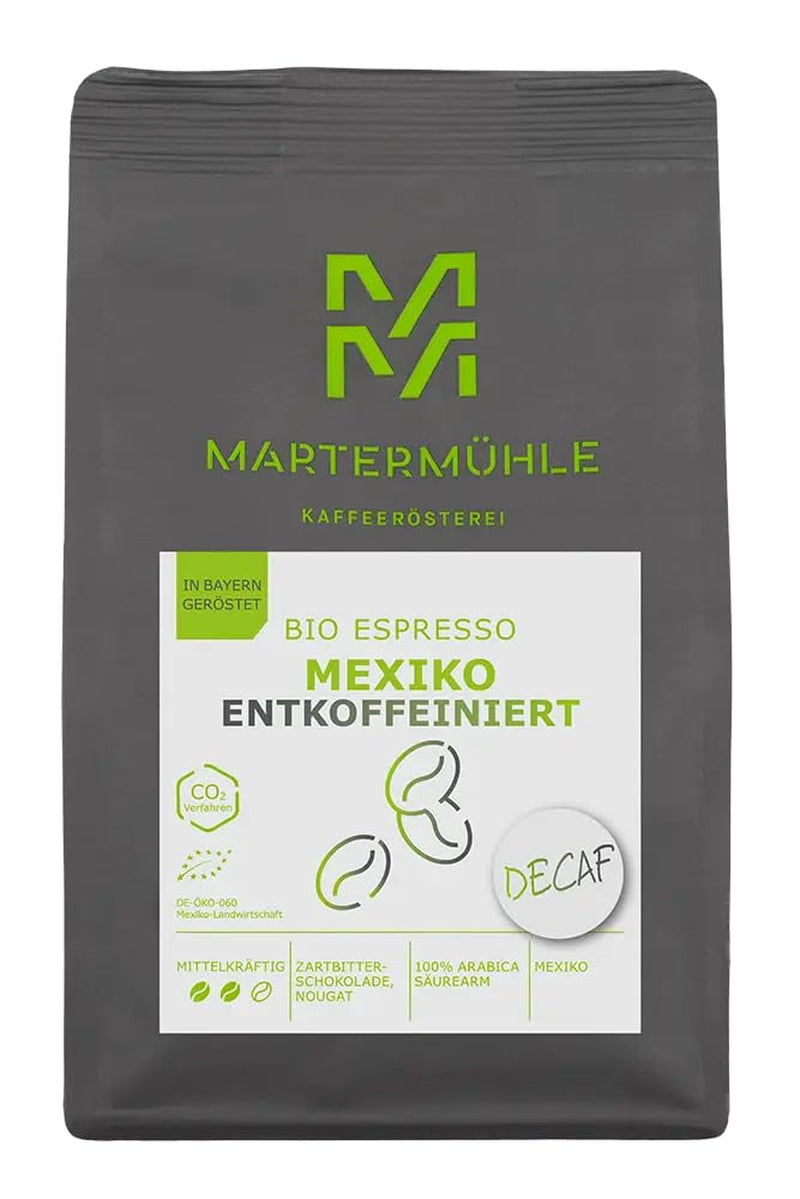 Martermühle Mexiko Bio Espressobohnen entkoffeiniert 1kg mittelkräftig I Arabica I Příchuť: Nugát, Zartbitterschokolade I Ganze Bio Espresso-Bohnen schonend geröstet, säurearm