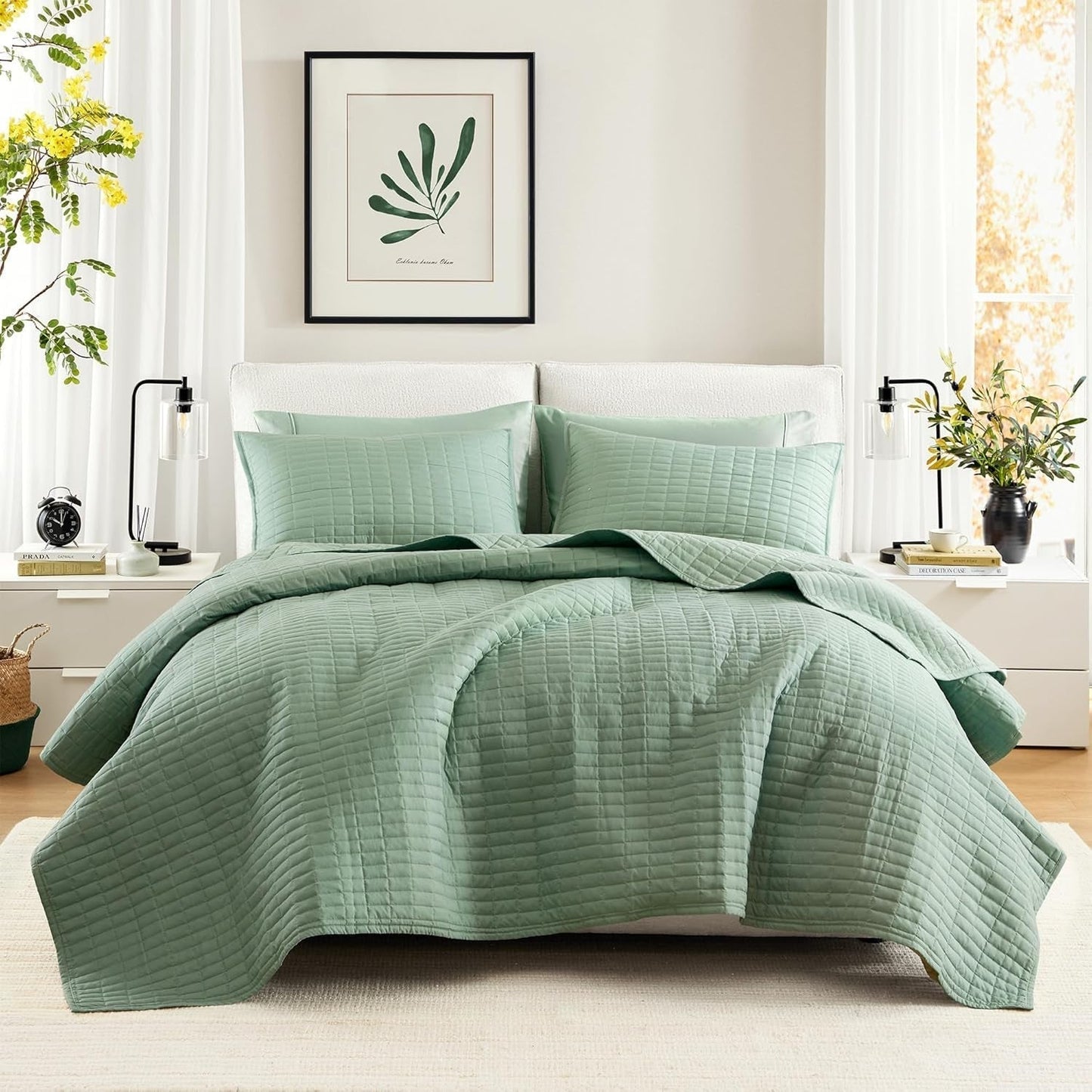 Sada přikrývek Comfort Spaces Kienna, luxusní letní přikrývka s dvojitým stehem, lehká, měkká, celoroční povlečení, odpovídající povlak na polštář, bílá, přikrývka na manželské postele (264,2 x 228,6 cm), přikrývky a přikrývky Naty Shop Seafoam King/Cal King (104"X90")