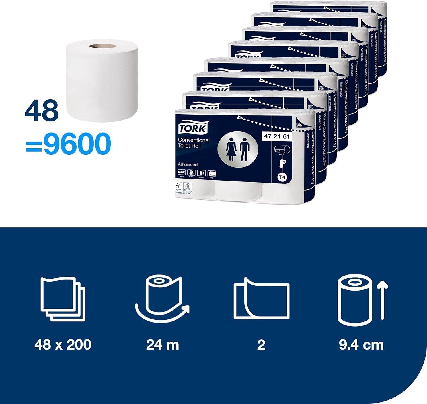 Toaletní papír Tork Small Roll White T4, Advanced, 2 vrstvý, 48 × 200 listů, 472161