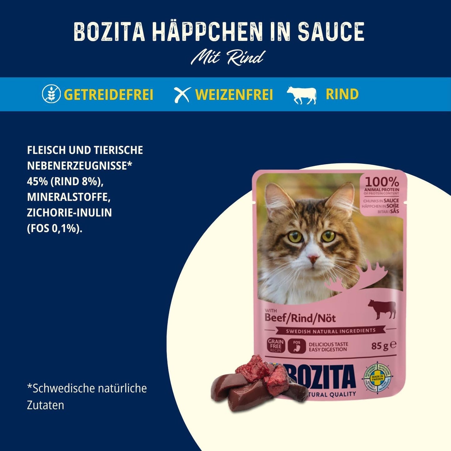 Bozita Pouch Mokré kousky krmiva v hovězí omáčce - 12 sáčků x 85 g Mokré krmivo pro kočky bez obilovin a pšenice - Mokré krmivo pro dospělé kočky s 8,5 % bílkovin a 4,5 % tuku