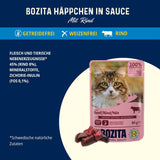 Bozita Pouch Mokré kousky krmiva v hovězí omáčce - 12 sáčků x 85 g Mokré krmivo pro kočky bez obilovin a pšenice - Mokré krmivo pro dospělé kočky s 8,5 % bílkovin a 4,5 % tuku