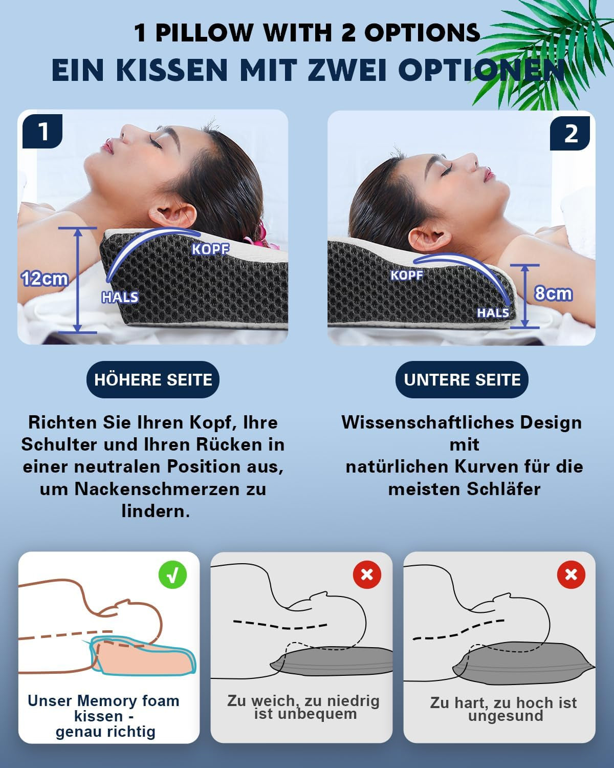 IDEA Polštář, Ergonomický ortopedický polštář na bolest krku, Polštář z paměťové pěny pro boční, zadní a břišní spáče, Polštář proti chrápání pro muže Ženy (62 * 34,5 * 12/8CM) Krční ortopedické polštáře Naty Shop