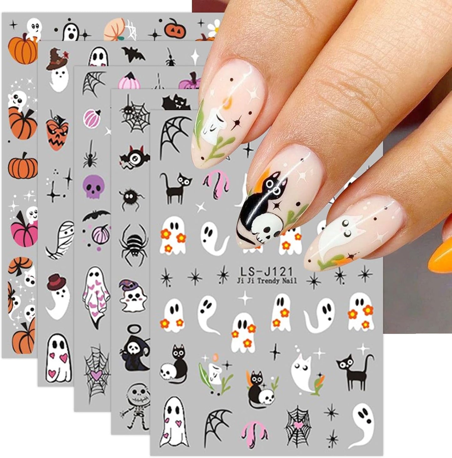 JMEOWIO Nálepka na nehty Halloween Süßer Geist 9 Blatt Nálepka na nehty Selbtklebend Nagelaufkleber Dekoration Nageldesign Zubehör