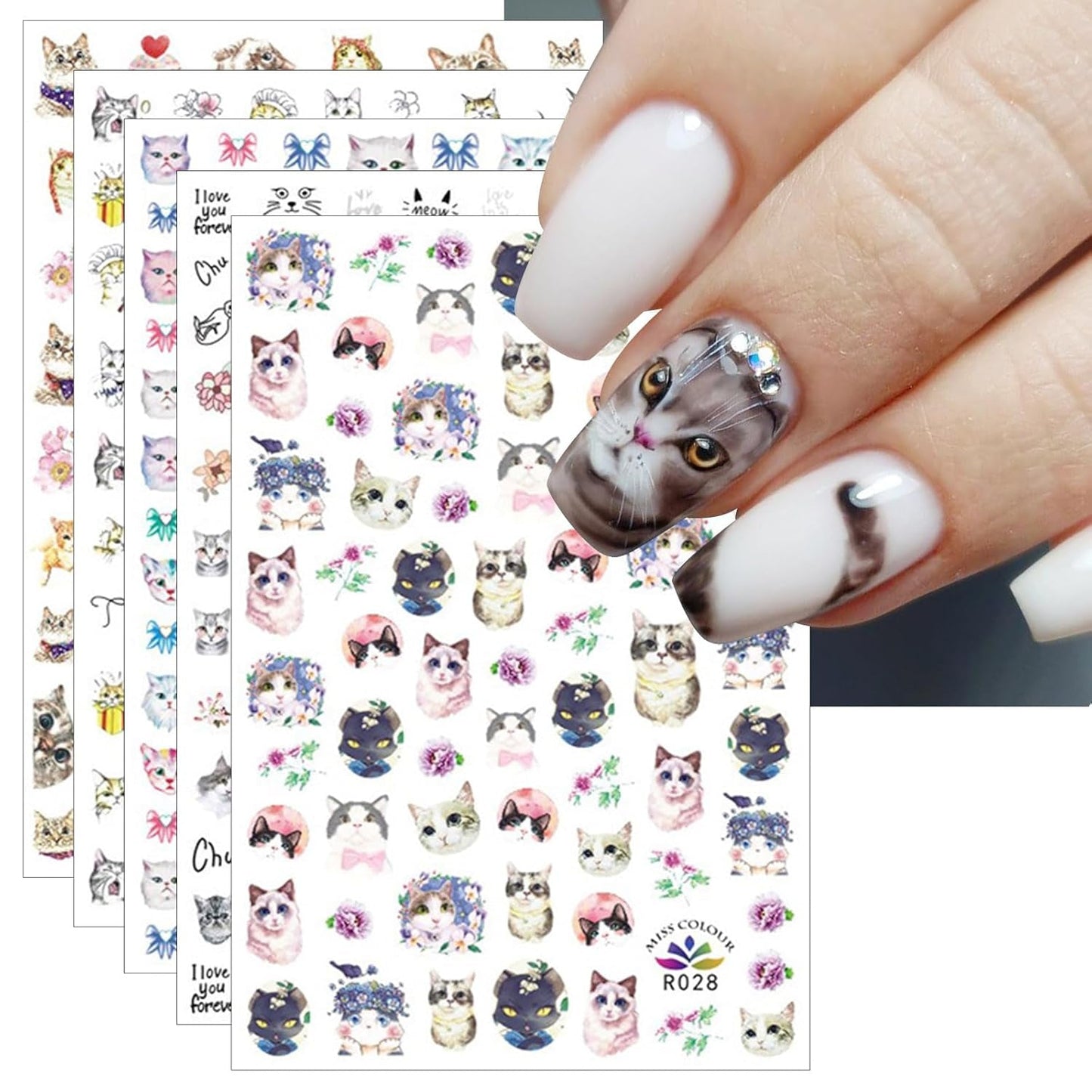 JMEOWIO Nálepka na nehty Tierische 8 Blatt Nálepka na nehty Selbstklebend Nagelaufkleber Katze Niedlich Dekoration Nageldesign Zubehör