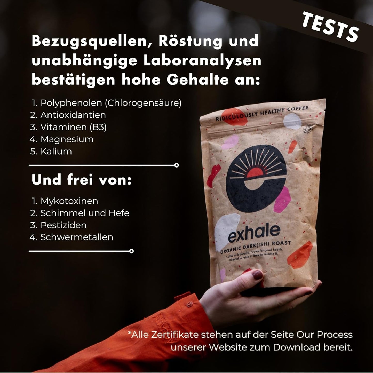 EXHALE Bio GANZE BOHNEN – Dunkel Gerösteter Kaffee – 450g Balení – Mykotoxinfrei & Geeignet für Bulletproof Coffee – Single Origin und 100% Arabica Bohnen
