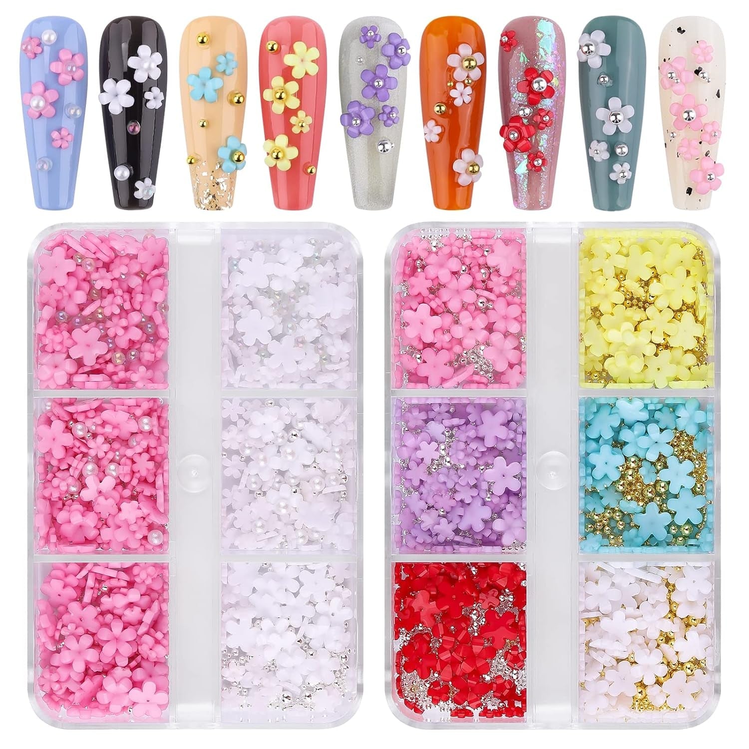 Kalolary Květiny Nail Art Charms, 3D akrylové květiny na nehty Pět okvětních lístků Květinové ozdoby Kamínky na nehty Smíšené kovové korálky pro DIY Nail Art Design Výroba šperků (2 krabičky)