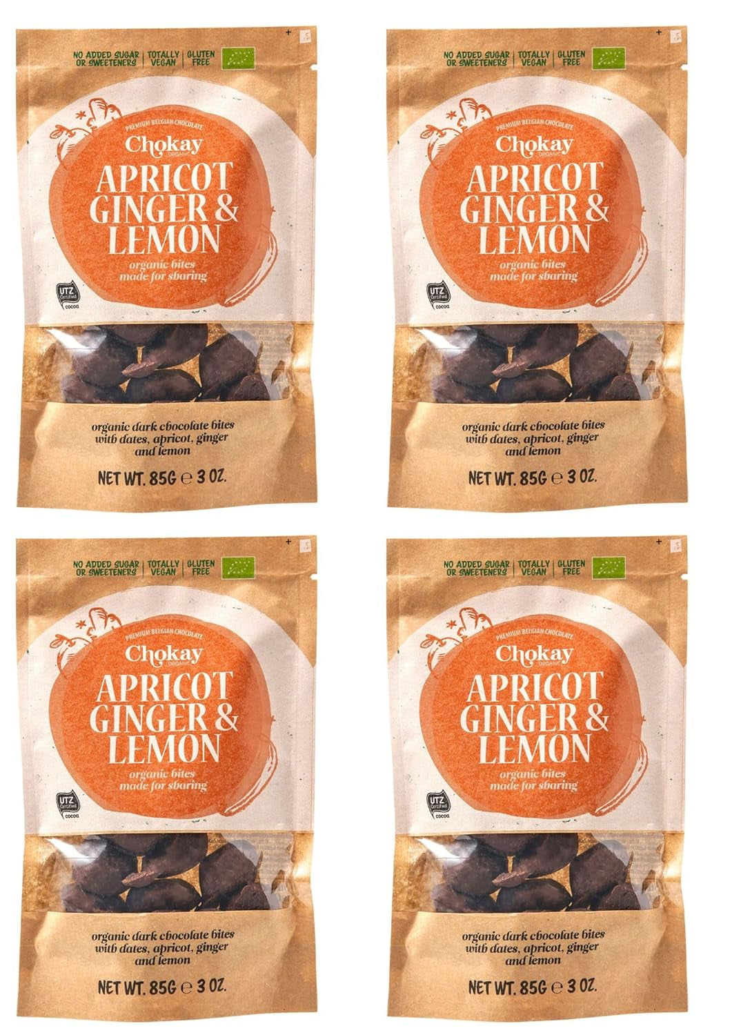 Sada 4 bio kousků - skořicové mandle/skořicové mandle v belgické hořké čokoládě/bez přidaného cukru, bez sladidel/VEGAN & FAIR TRADE / 4 x 85g