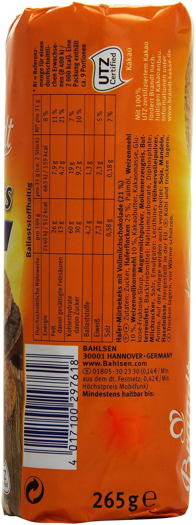 Brandt Hobbits Čokoláda 265g balení - Křupavé celozrnné čokoládové ovesné sušenky - Křupavé těsto pro celou rodinu - v praktické sušenkové roládě