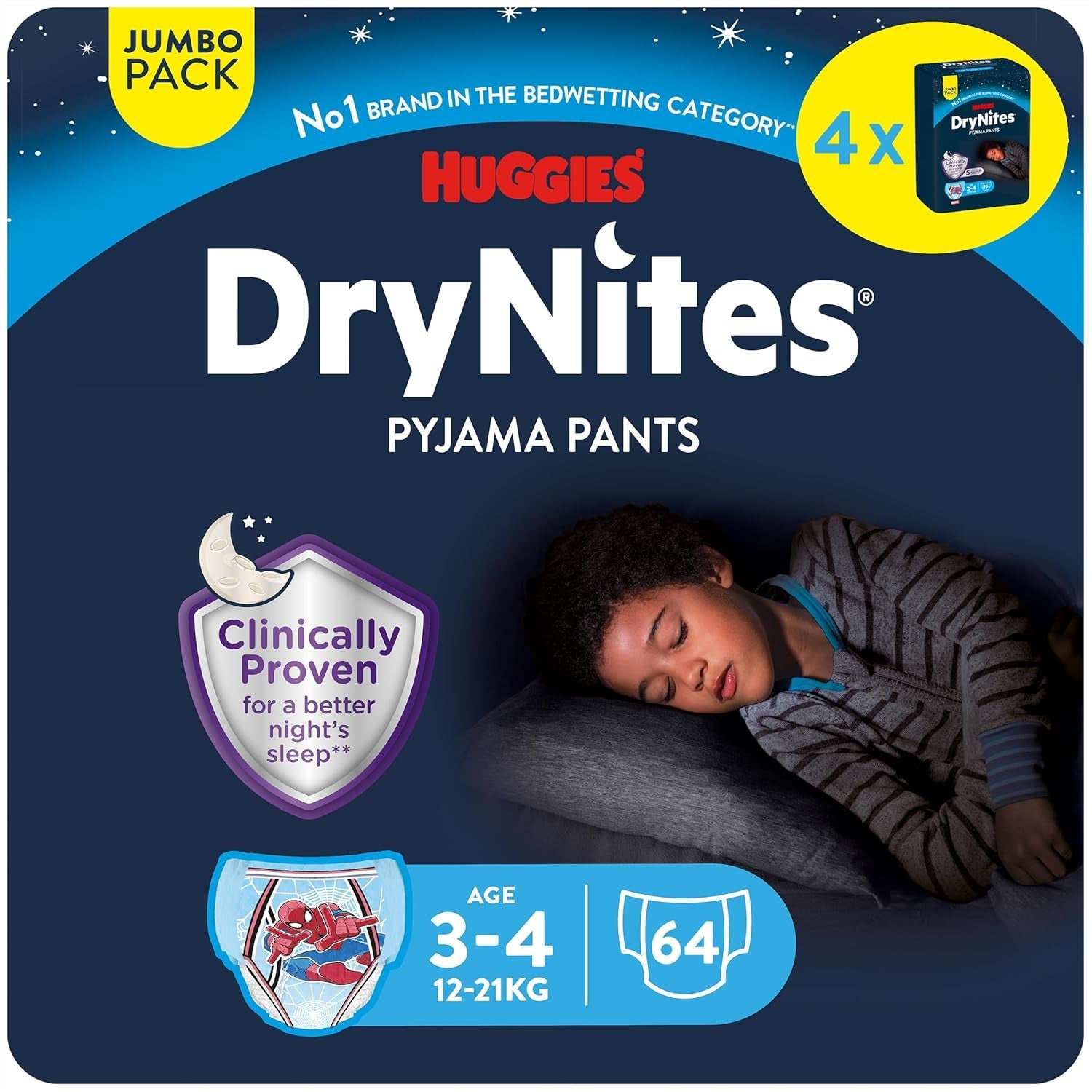 Absorpční pleny na noční pomočování DryNites pro chlapce 4-7 let (17-30 kg), Jumbo měsíční balení, počet 64