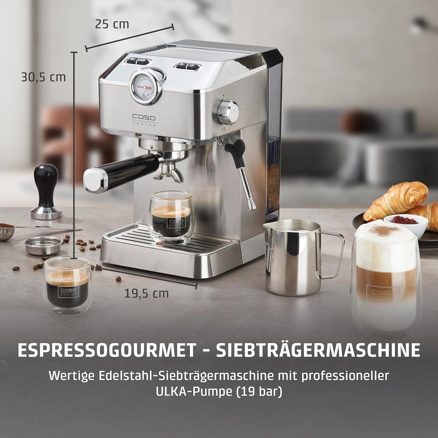 Caso Espresso Gourmet – Nerezový Portafilter Espresso kávovar, výkonná 19barová pumpa Ulka, s napěňovačem mléka, pro mletou kávu nebo kapsle ESE, na 2 šálky, s ohřívačem šálků