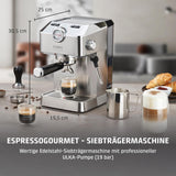 Caso Espresso Gourmet – Nerezový Portafilter Espresso kávovar, výkonná 19barová pumpa Ulka, s napěňovačem mléka, pro mletou kávu nebo kapsle ESE, na 2 šálky, s ohřívačem šálků